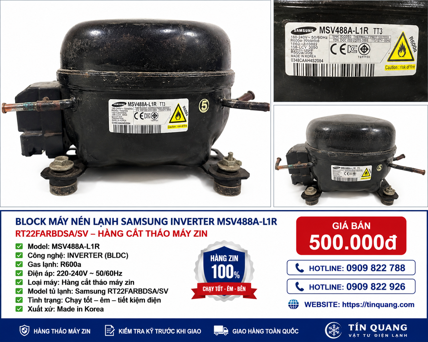 Block máy nén tủ lạnh Samsung Inverter MSV488A-L1R hàng cắt tháo máy zin gas R600a dùng cho tủ lạnh Samsung RT22FARBDSA/SV