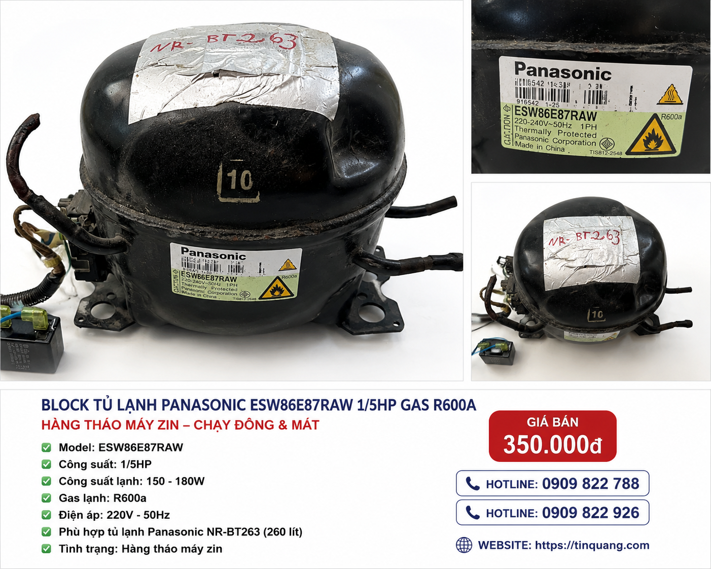 Block tủ lạnh Panasonic ESW86E87RAW 1/5HP gas R600a hàng tháo máy zin phù hợp tủ lạnh Panasonic NR-BT263 260 lít